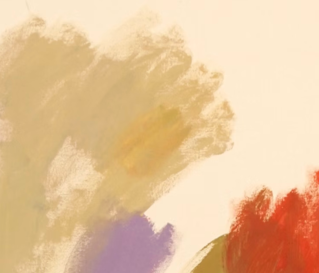 Abstraktes Gemälde auf roher Leinwand: große rote Farbwolke mit olivgrünen und violetten Akzenten, Werk von Gregor Stehle, 120×100 cm