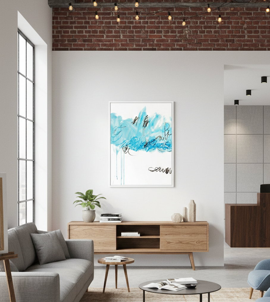 Abstrakter Fine Art Druck in Blau und Türkis mit horizontalem Farbband und Tropfen auf weißem Grund, Hochformat.