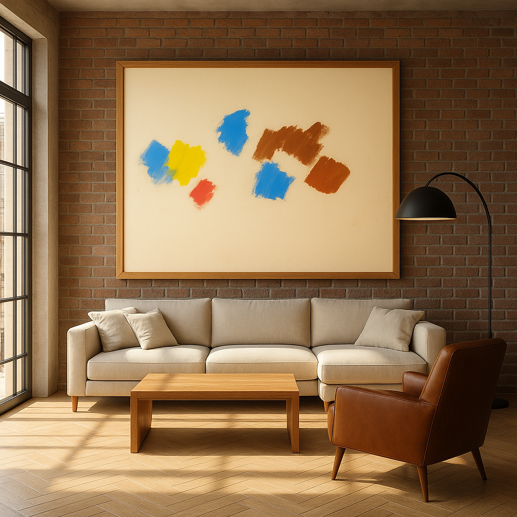 bstrakte Farbstudie von Gregor Stehle auf roher Leinwand mit blauen, gelben, roten und braunen Farbfeldern – minimalistisch, atmosphärisch, 2023