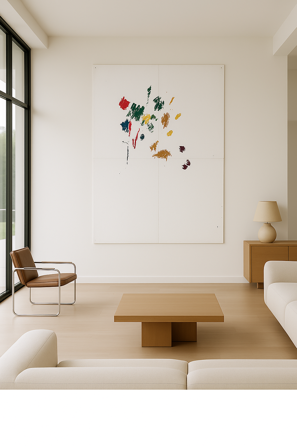 Abstrakte Malerei im Hochformat, feine gestische Spuren im leeren Raum, moderne Kunst für Architektur