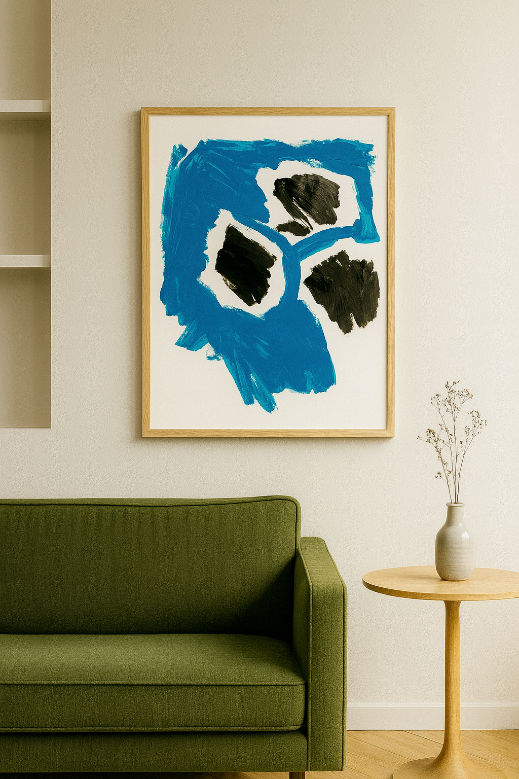 Abstrakte Malerei von Gregor Stehle: kräftige blaue Pinselzüge umrahmen drei dunkle organische Farbflächen auf weißem Hintergrund, zeitgenössische Minimal Art.