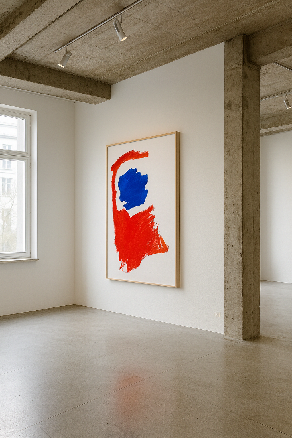 Abstrakte Acrylmalerei mit roter Farbfläche und blauem Zentrum auf weißem Grund, die negativen Raum als atmosphärische Struktur sichtbar macht.