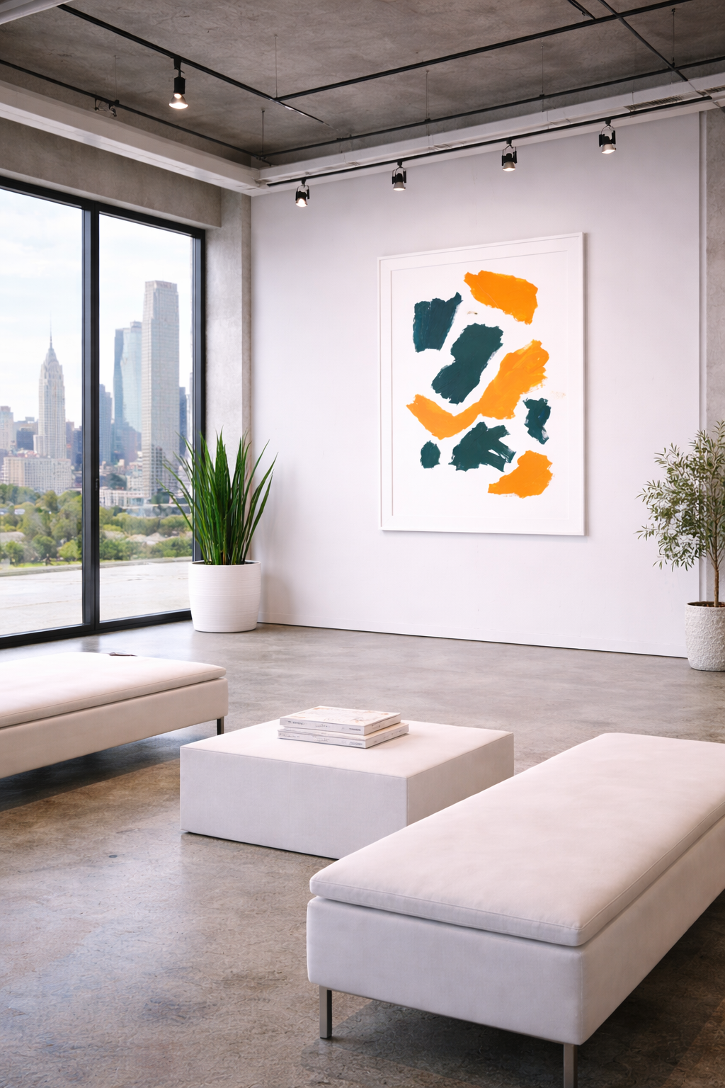 Zeitgenössische abstrakte Kunst in Orange und Dunkelgrün von Gregor Stehle, expressive Pinselstriche auf weißem Grund.