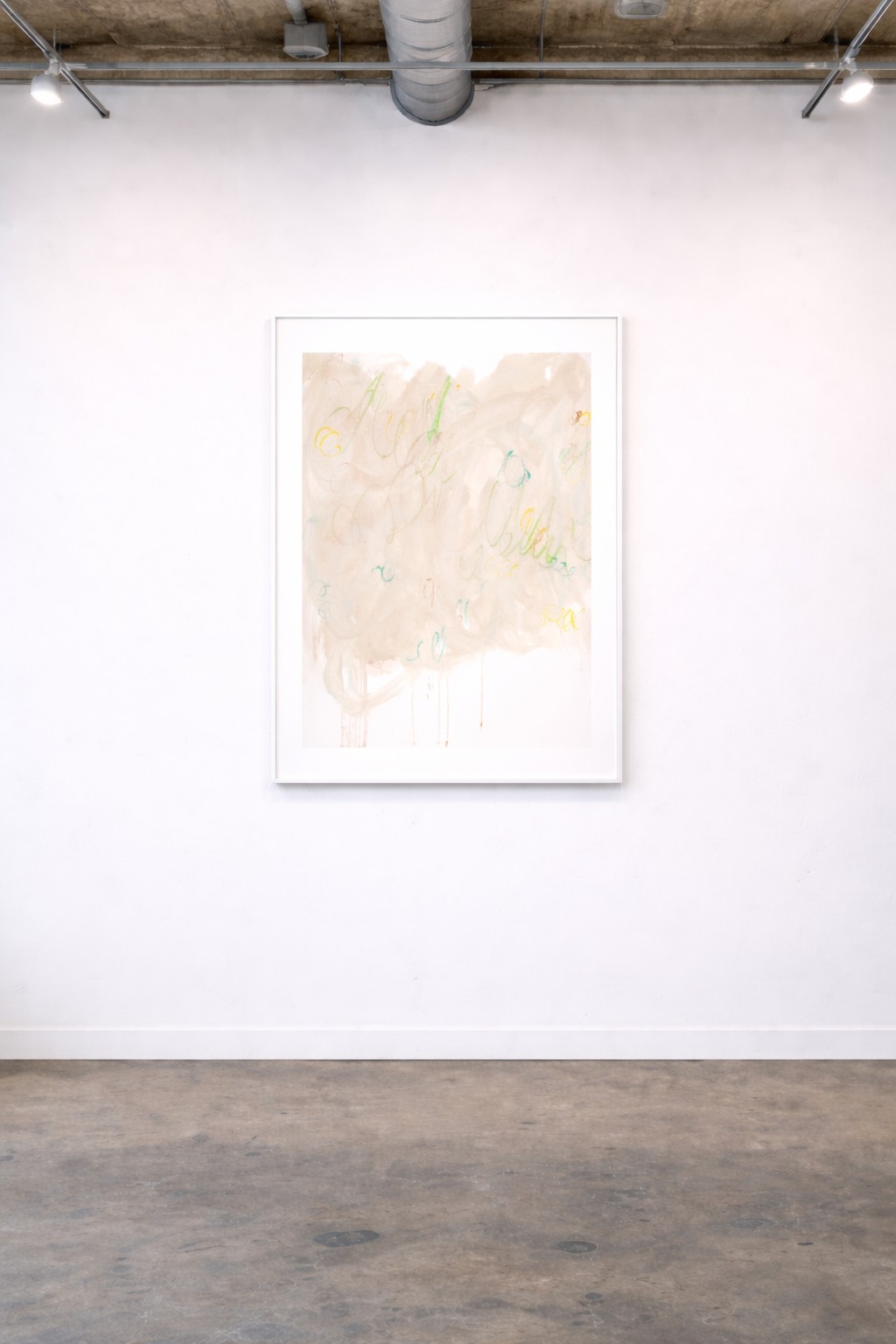 Abstraktes Kunstwerk im Hochformat mit hellen Blau- und Grüntönen, fließenden Farbflächen und feinen schwarzen Linien, ruhig und atmosphärisch.