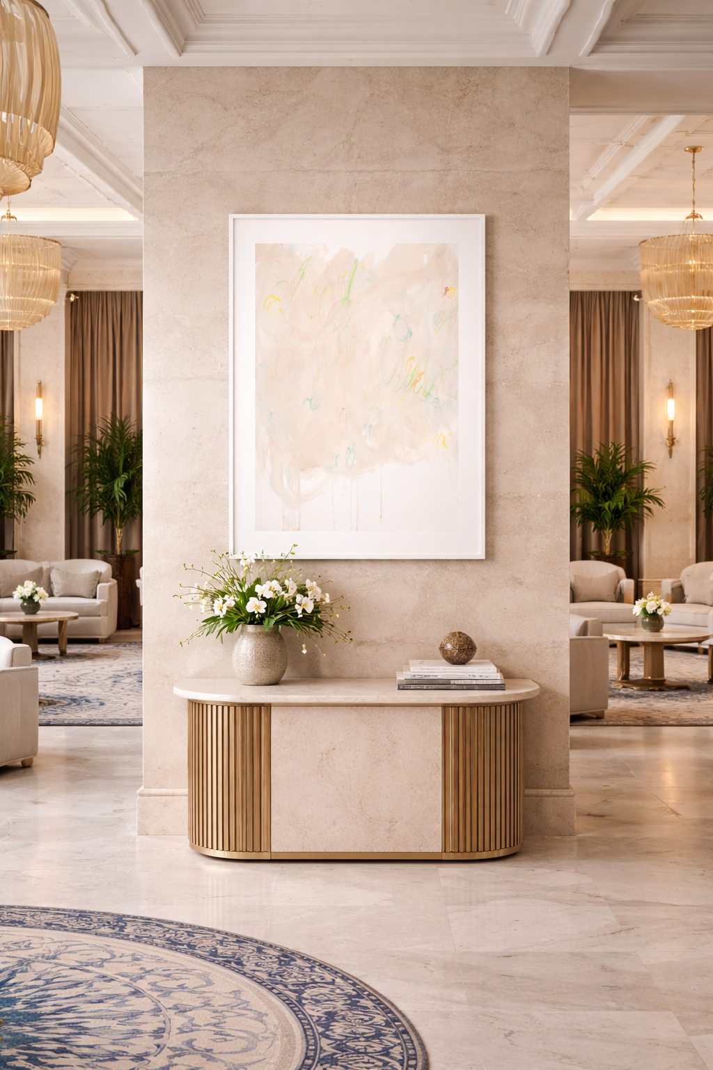 Abstraktes Kunstwerk im Hochformat mit hellen Blau- und Grüntönen, fließenden Farbflächen und feinen schwarzen Linien, ruhig und atmosphärisch.