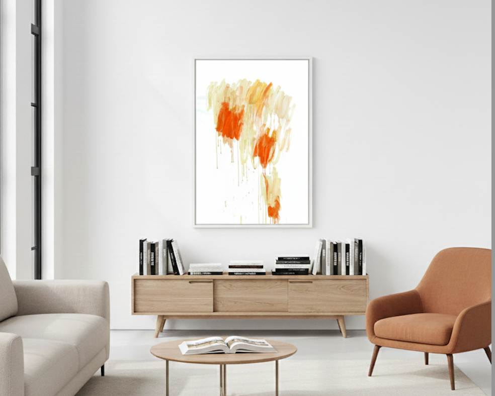 Abstrakter Fine Art Druck mit vertikalen Farbzonen in Orange, Gelb und Creme, mit sichtbaren Tropfen auf weißem Grund.