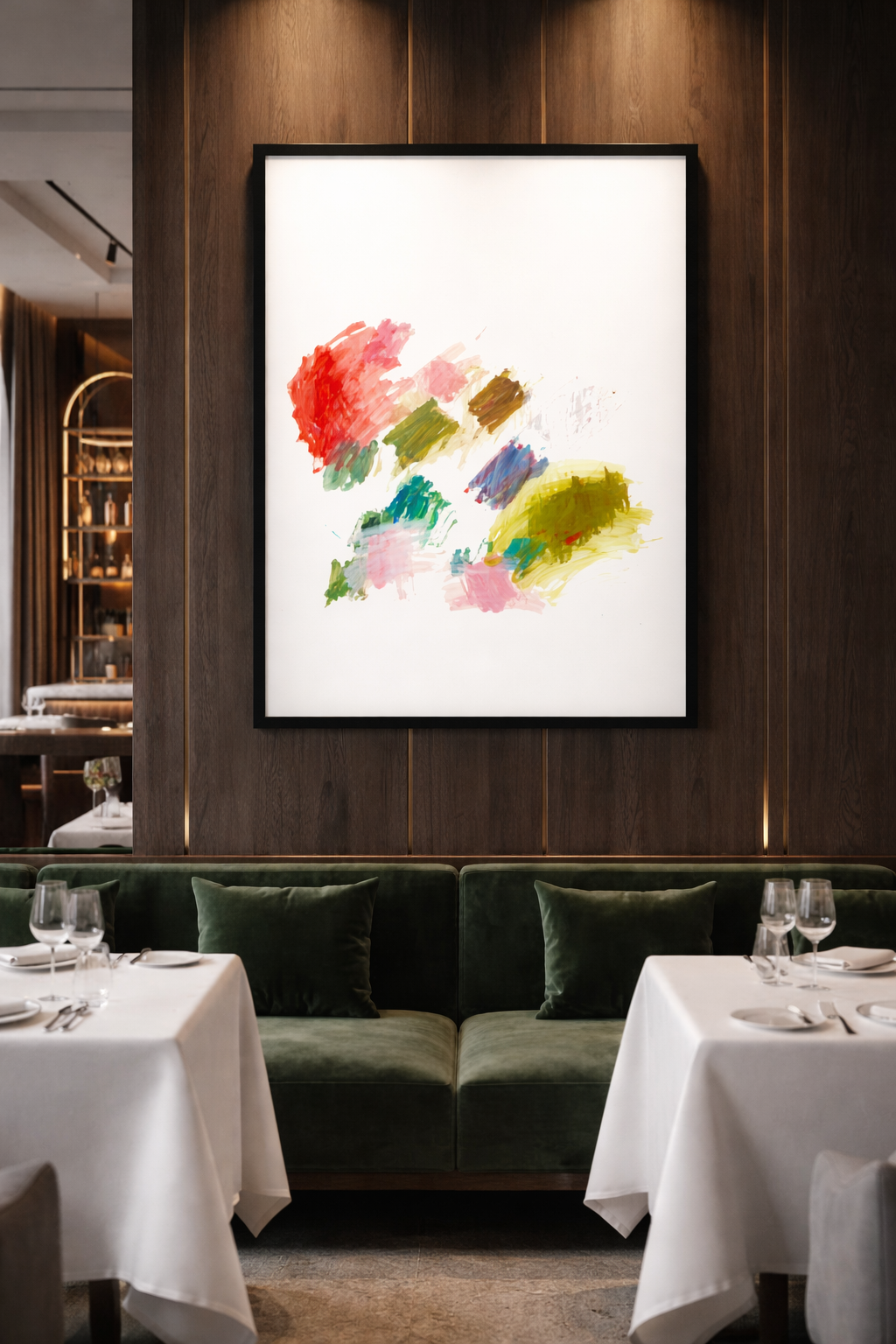 Abstrakte Malerei von Gregor Stehle mit farbigen Pinselgesten in Rot, Grün, Blau, Braun und Gelb im unteren Bildbereich, einzelne blaue Punktsetzung auf weißem Grund.