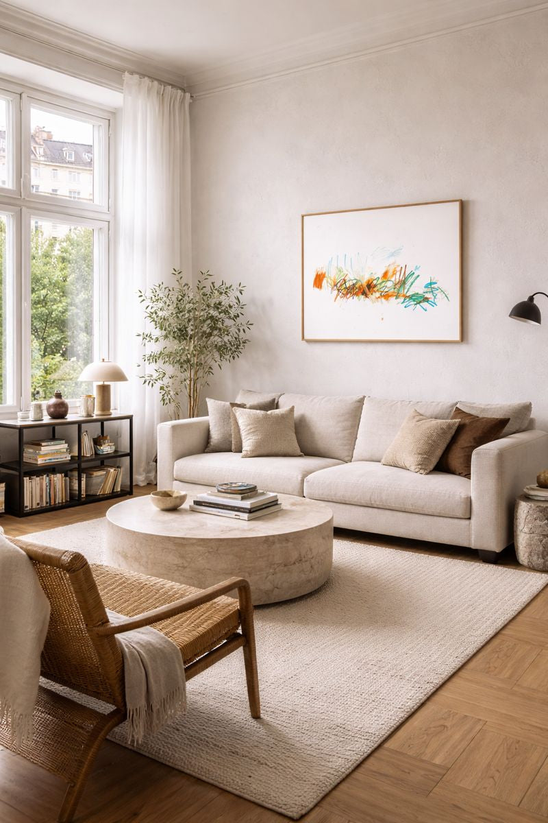 Abstrakte Zeichnung mit gestischen Linien in Orange, Grün und Blau auf weißem Grund, zeitgenössisches Werk von Gregor Stehle.