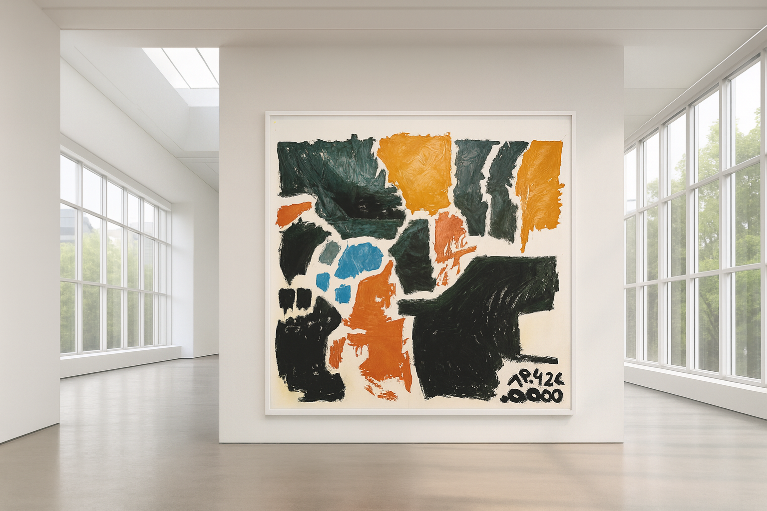 Abstrakte Malerei von Gregor Stehle, große Farbflächen in Schwarz, Orange und Blau, dynamische Komposition mit starken Kontrasten auf hellem Grund.