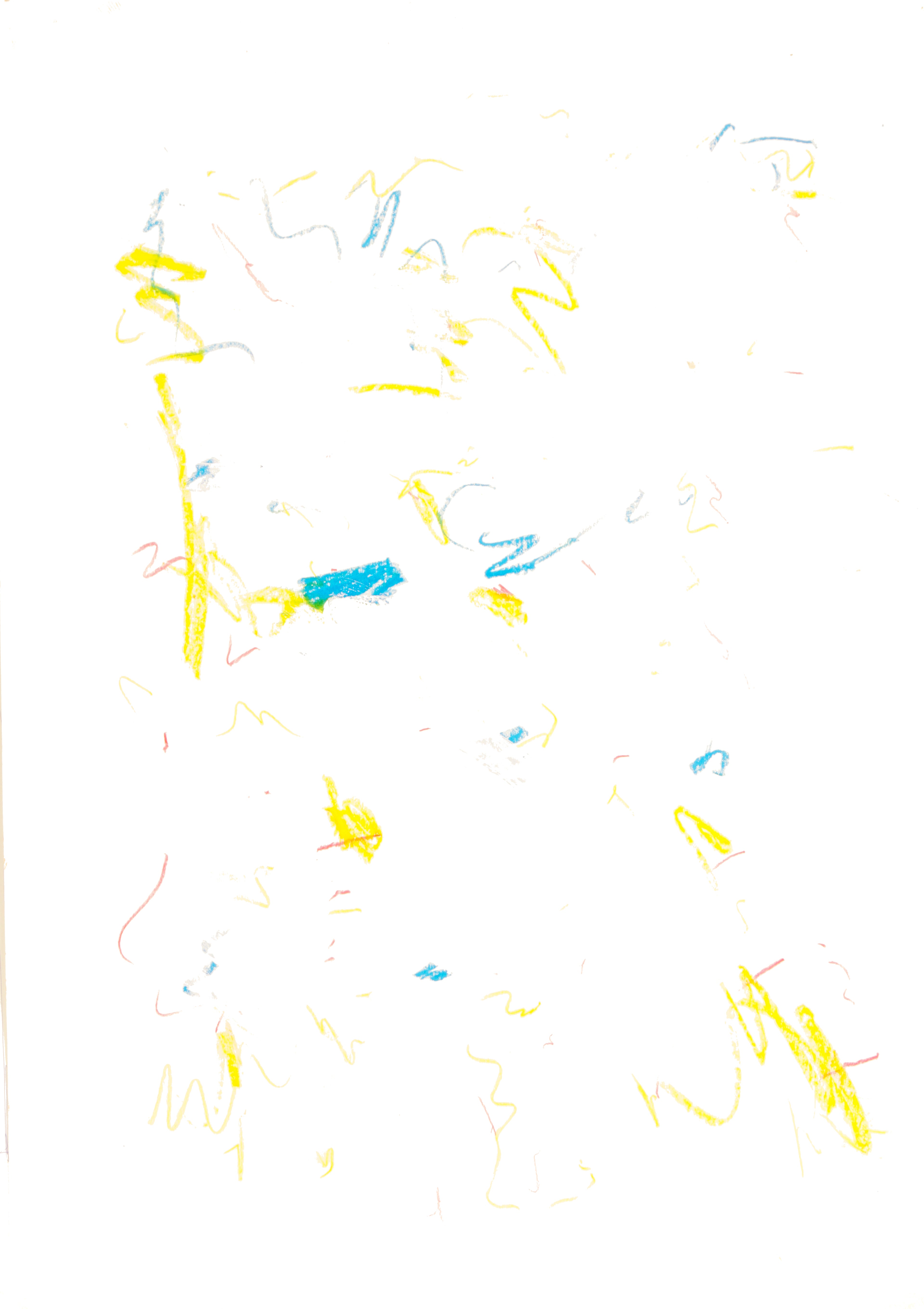 Abstrakte, helle gestische Farbkomposition in Gelb, Blau und feinen Rot-Akzenten auf weißem Grund. Zarte Linien und spontane Markierungen erzeugen eine leichte, offene Raumwirkung. Fine-Art-Print A1 von Gregor Stehle.