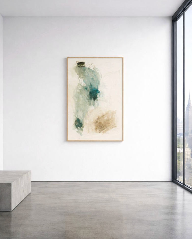 Abstrakte Farbarbeit in Grün-, Sand- und Wasserblau-Tönen auf weißem Papier.
Weiche gestische Bewegungen, offene Flächen, ruhige Komposition. Fine-Art-Print in DIN A1 von Gregor Stehle.