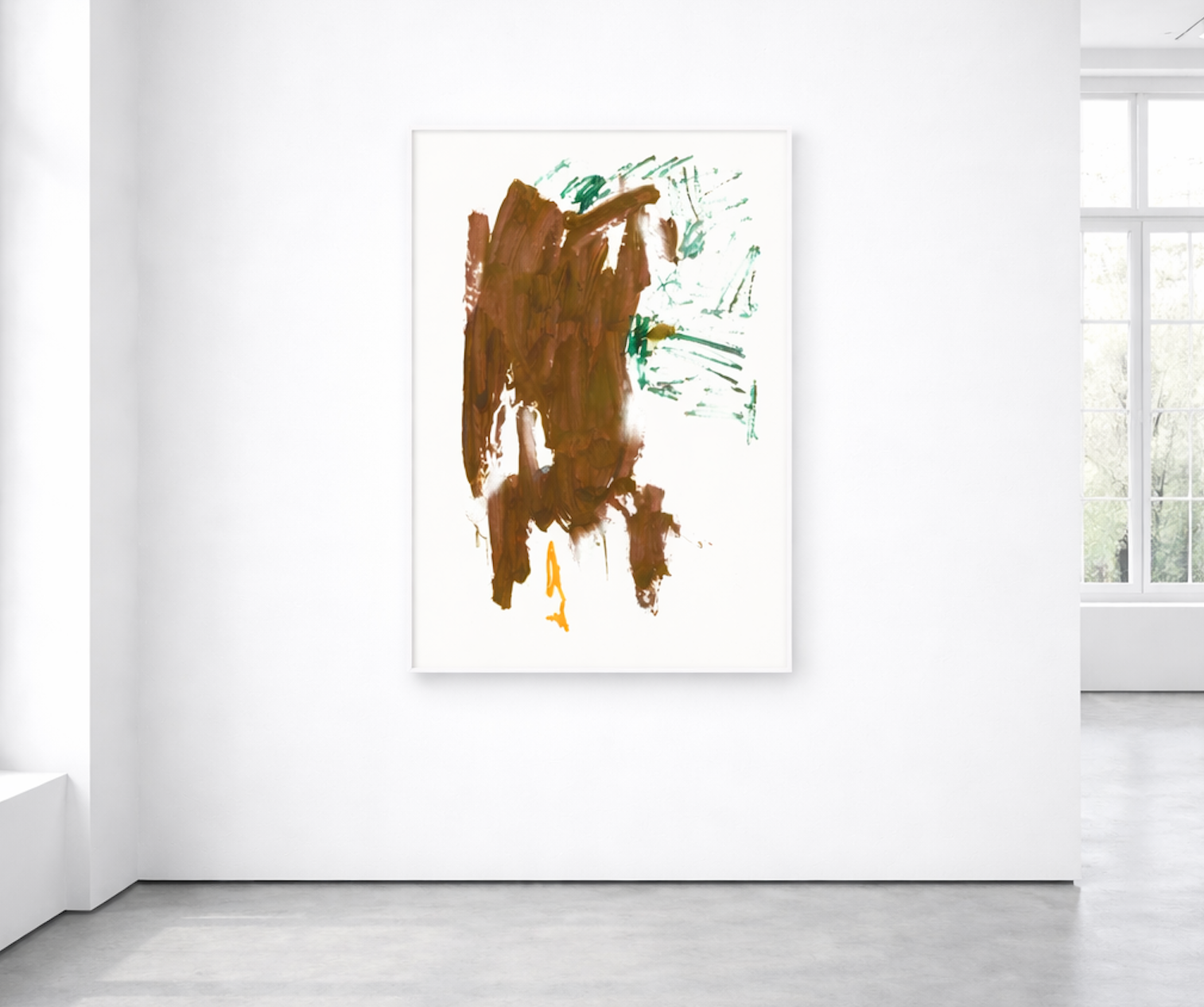 Abstrakter Fine Art Print von Gregor Stehle mit brauner, gestischer Malerei auf weißem Grund, ergänzt durch grüne lineare Spuren und einen einzelnen orangefarbenen Akzent.