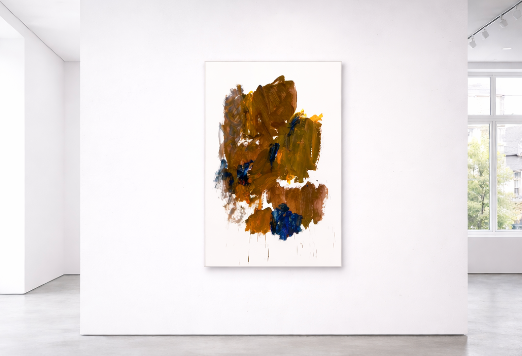 Abstrakte Malerei mit braunen, ockerfarbenen und blauen Farbschichtungen auf weißem Grund, Fine Art Print von Gregor Stehle