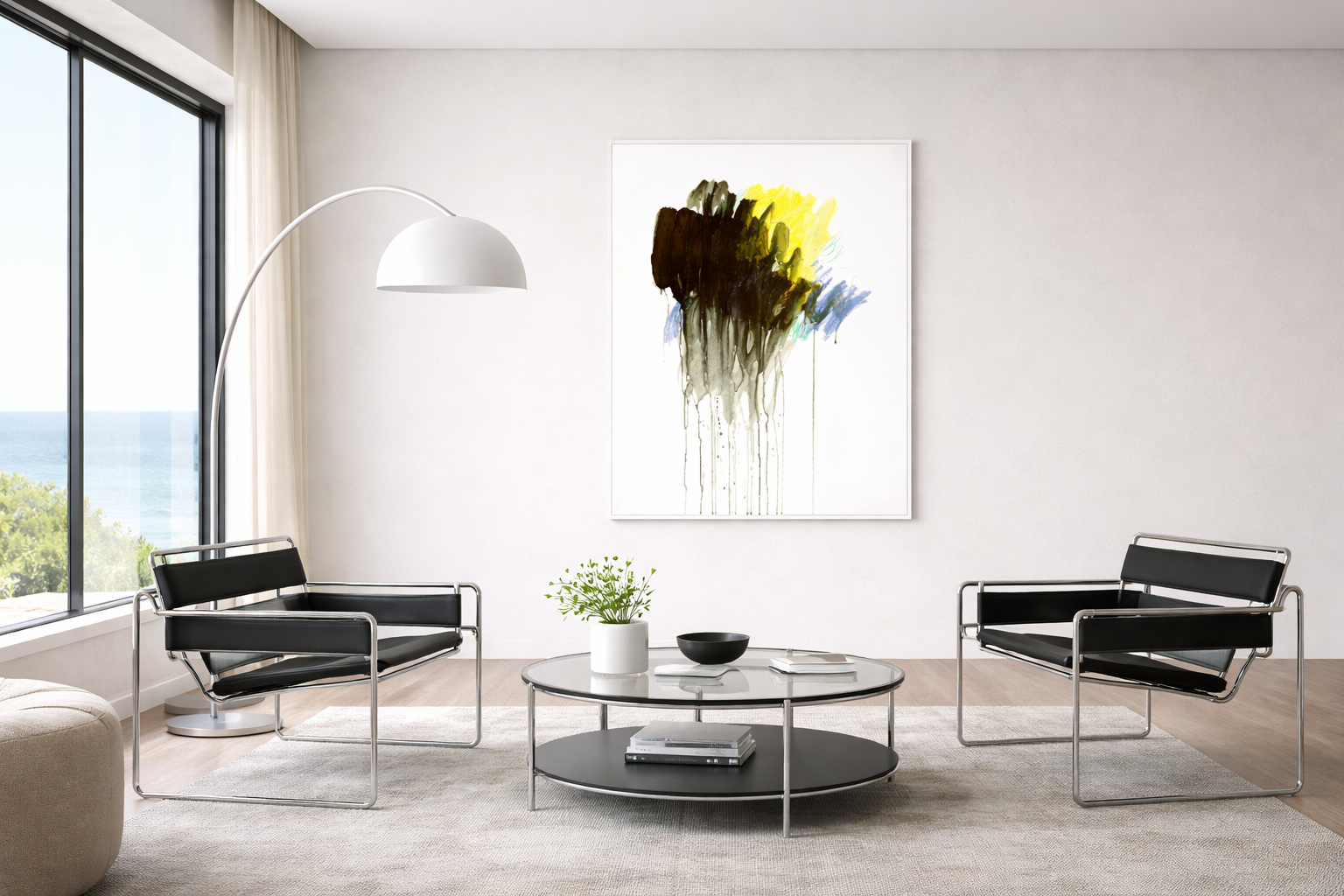 Abstrakte Malerei von Gregor Stehle mit dunklen und gelben Farbschichten, vertikalen Farbläufen und prozesshafter Struktur auf weißem Grund.