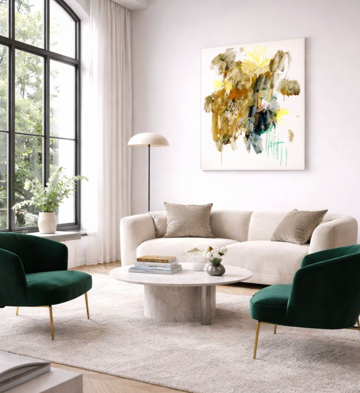 Abstraktes Kunstwerk von Gregor Stehle mit vielschichtigen Farbspuren in Gelb, Blau und erdigen Tönen, offene Bildstruktur, zeitgenössische Malerei.