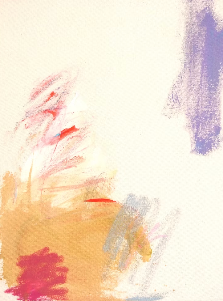 Abstraktes Gemälde auf roher Leinwand mit warmen Ocker- und Rosatönen und einem violetten Farbfeld. Werk von Gregor Stehle, 30×40 cm.