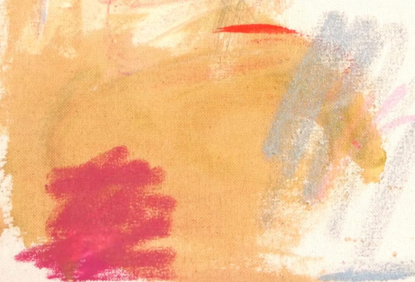 Abstraktes Gemälde auf roher Leinwand mit warmen Ocker- und Rosatönen und einem violetten Farbfeld. Werk von Gregor Stehle, 30×40 cm.