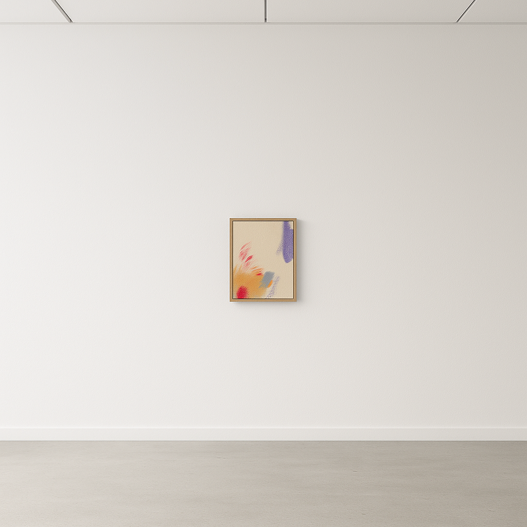 Abstraktes Gemälde auf roher Leinwand mit warmen Ocker- und Rosatönen und einem violetten Farbfeld. Werk von Gregor Stehle, 30×40 cm