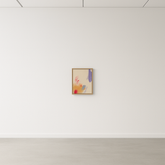 Abstraktes Gemälde auf roher Leinwand mit warmen Ocker- und Rosatönen und einem violetten Farbfeld. Werk von Gregor Stehle, 30×40 cm