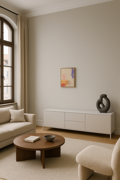 Abstraktes Gemälde auf roher Leinwand mit warmen Ocker- und Rosatönen und einem violetten Farbfeld. Werk von Gregor Stehle, 30×40 cm