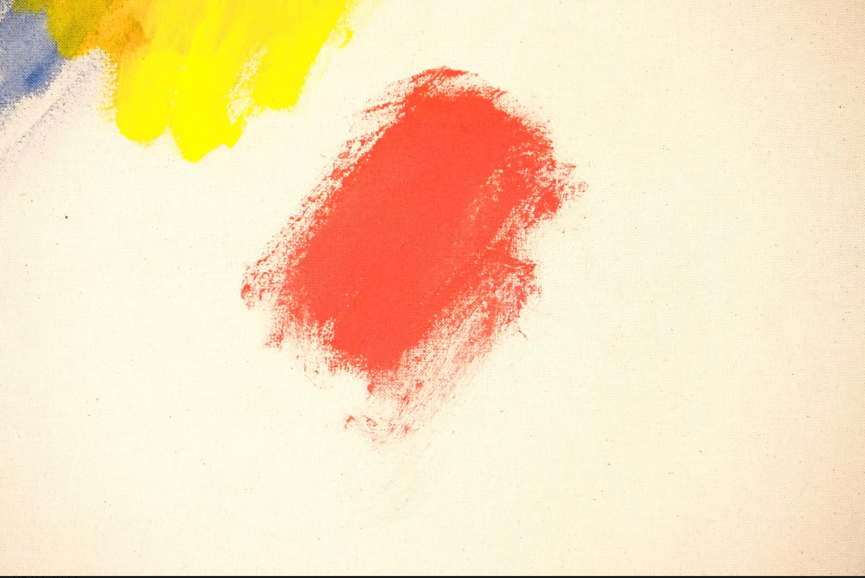 Abstrakte Farbstudie von Gregor Stehle auf roher Leinwand mit blauen, gelben, roten und braunen Farbfeldern – minimalistisch, atmosphärisch, 2023