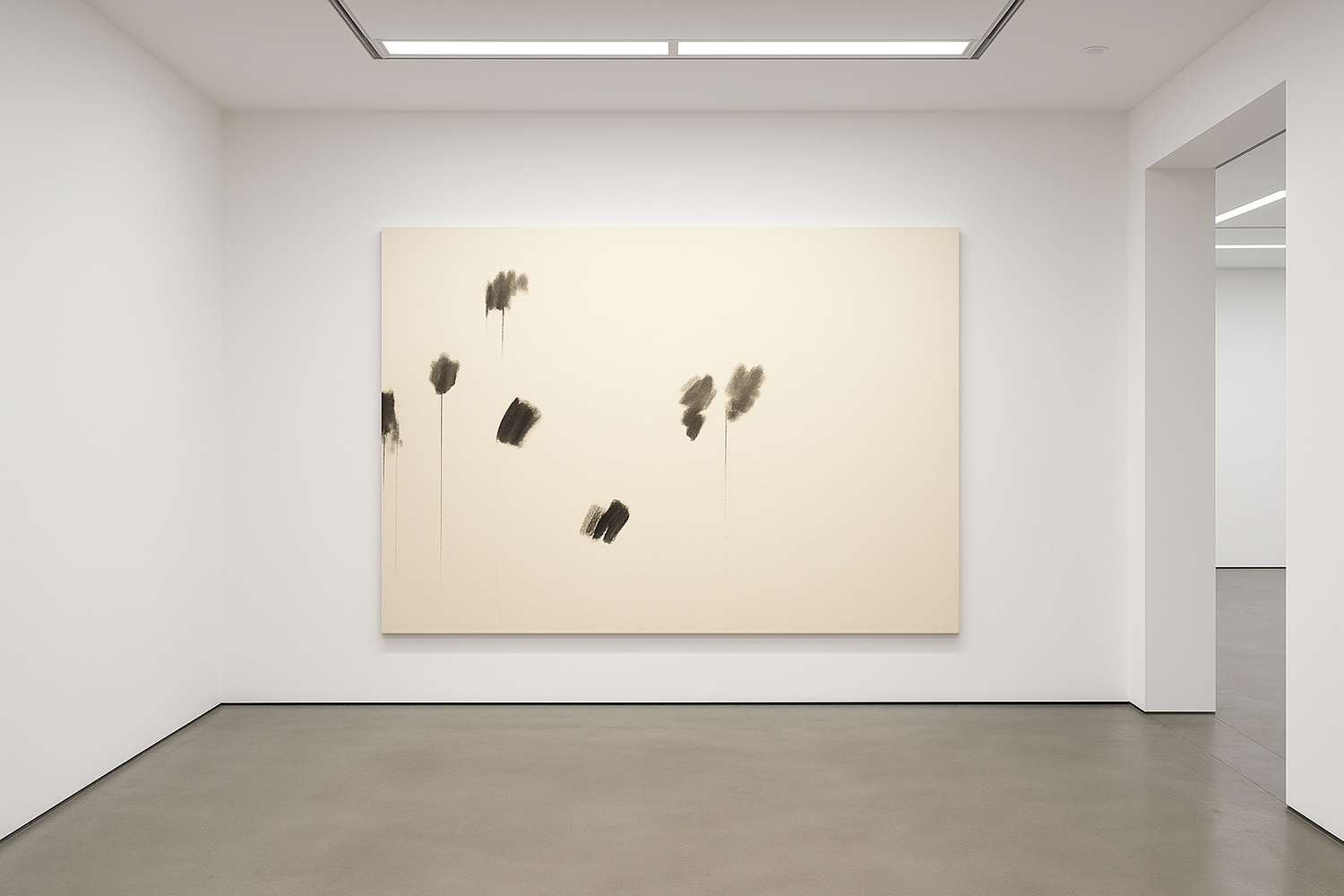 Großformatige abstrakte Malerei von Gregor Stehle (180 × 140 cm): schwebende Schwarzspuren auf roher Leinwand, stille Zen-Landschaft,