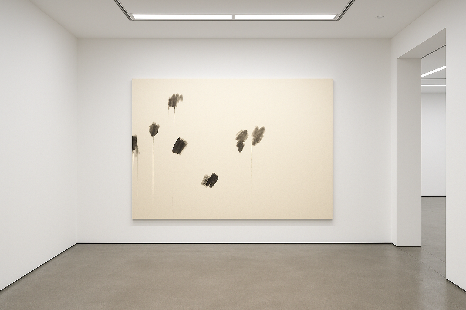 Großformatige abstrakte Malerei von Gregor Stehle (180 × 140 cm): schwebende Schwarzspuren auf roher Leinwand, stille Zen-Landschaft,