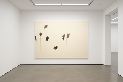 Großformatige abstrakte Malerei von Gregor Stehle (180 × 140 cm): schwebende Schwarzspuren auf roher Leinwand, stille Zen-Landschaft,