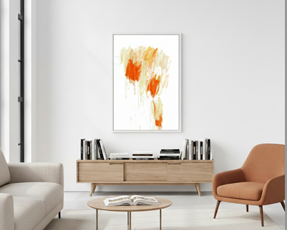 Abstrakter Fine Art Druck mit vertikalen Farbzonen in Orange, Gelb und Creme, mit sichtbaren Tropfen auf weißem Grund.