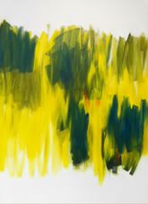 Abstraktes Gemälde mit breiten, gestischen Gelb- und Grüntönen, die wie eine atmosphärische Landschaft wirken; moderne, fließende Farbfeldkomposition.