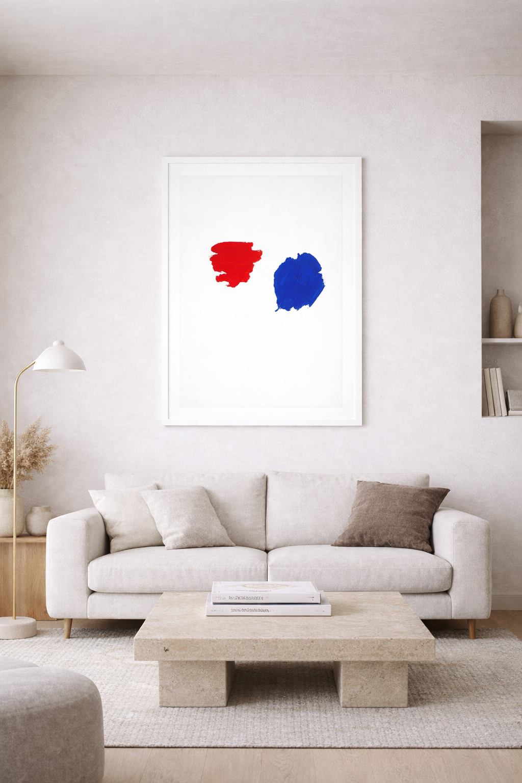 Abstrakte Malerei mit roter und blauer Farbfläche auf weißem Grund von Gregor Stehle