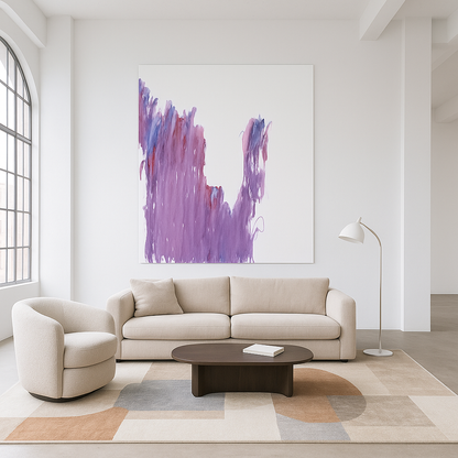 Vertikale violette und blaue Pinselzüge auf weißem Hintergrund – abstraktes Gemälde ‚Violette Kaskade‘ von Gregor Stehle (2025).“