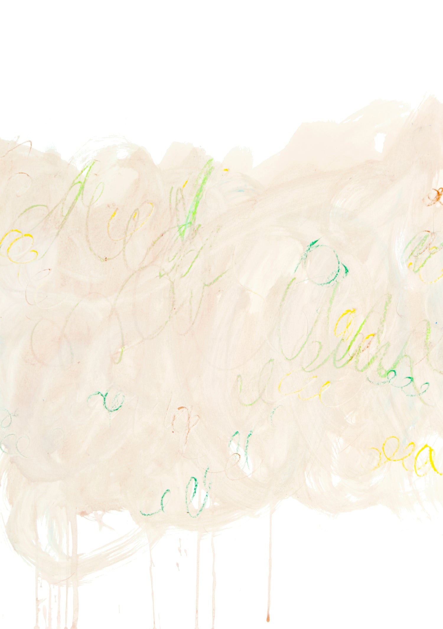 Abstraktes Kunstwerk im Hochformat mit hellen Blau- und Grüntönen, fließenden Farbflächen und feinen schwarzen Linien, ruhig und atmosphärisch.