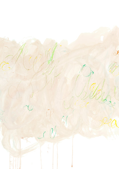 Abstraktes Kunstwerk im Hochformat mit hellen Blau- und Grüntönen, fließenden Farbflächen und feinen schwarzen Linien, ruhig und atmosphärisch.