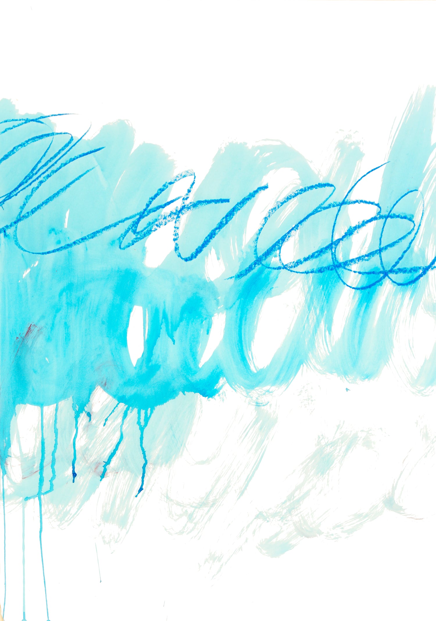 Abstrakter Fine Art Druck in Blau und Türkis mit horizontalem Farbband und Tropfen auf weißem Grund, Hochformat.