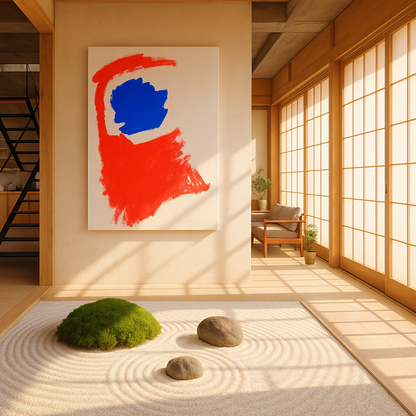 Abstrakte Acrylmalerei mit roter Farbfläche und blauem Zentrum auf weißem Grund, die negativen Raum als atmosphärische Struktur sichtbar macht.