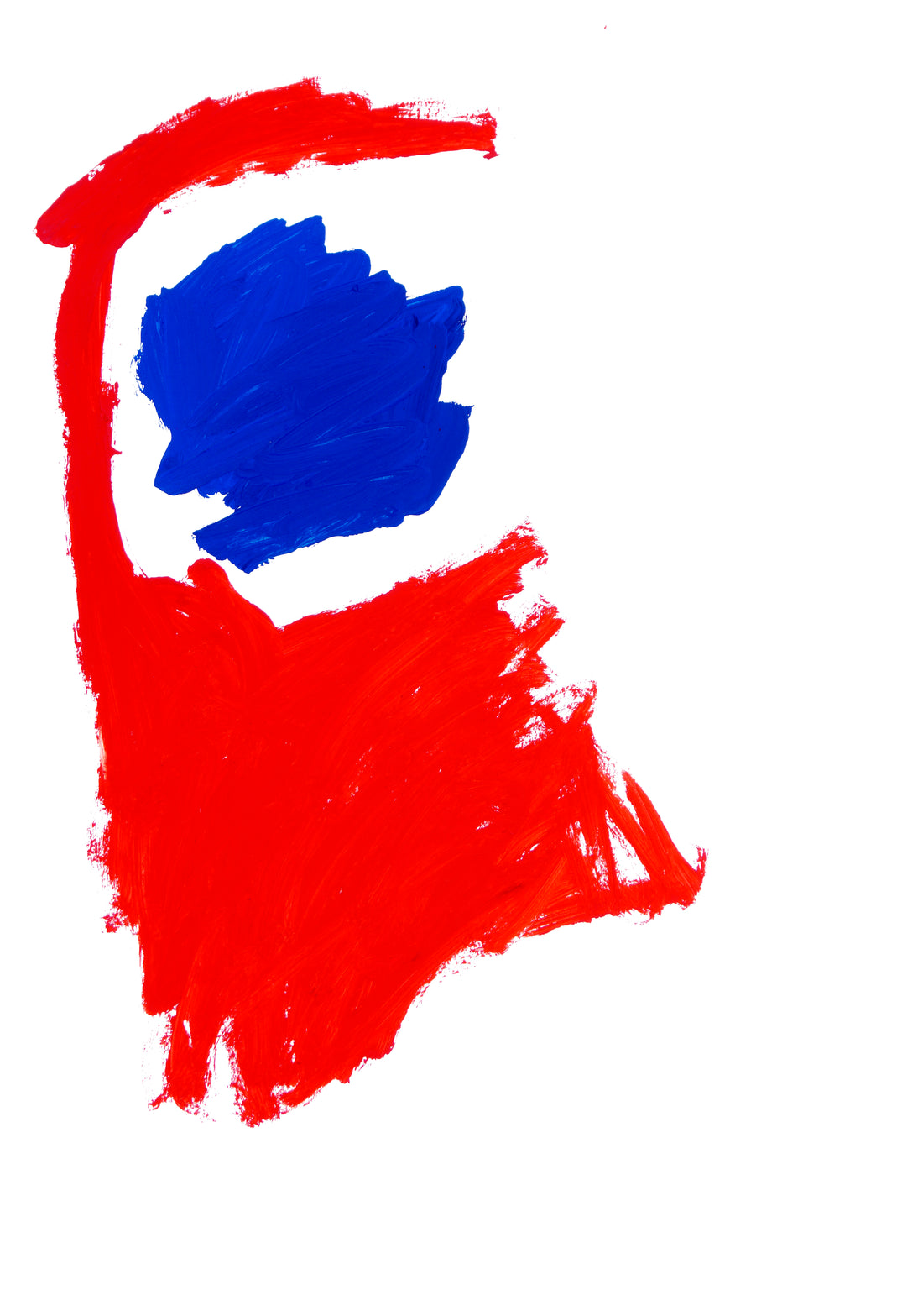 Abstrakte Acrylmalerei mit roter Farbfläche und blauem Zentrum auf weißem Grund, die negativen Raum als atmosphärische Struktur sichtbar macht.