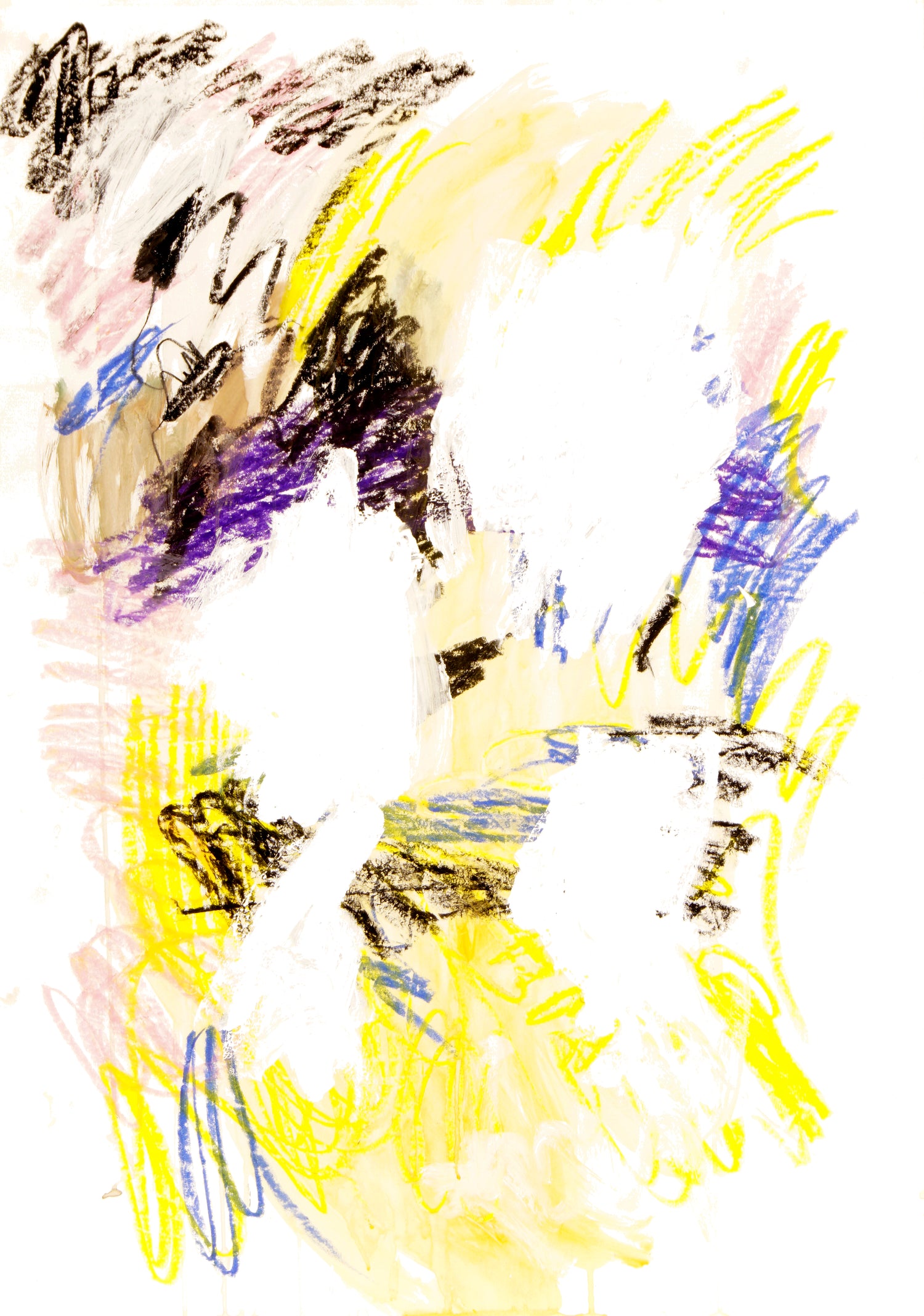 Abstrakte gestische Farbarbeit in Gelb, Blau, Schwarz und Violett auf weißem Papier, mit offenen Raumflächen, Fine-Art-Print A1 von Gregor Stehle.