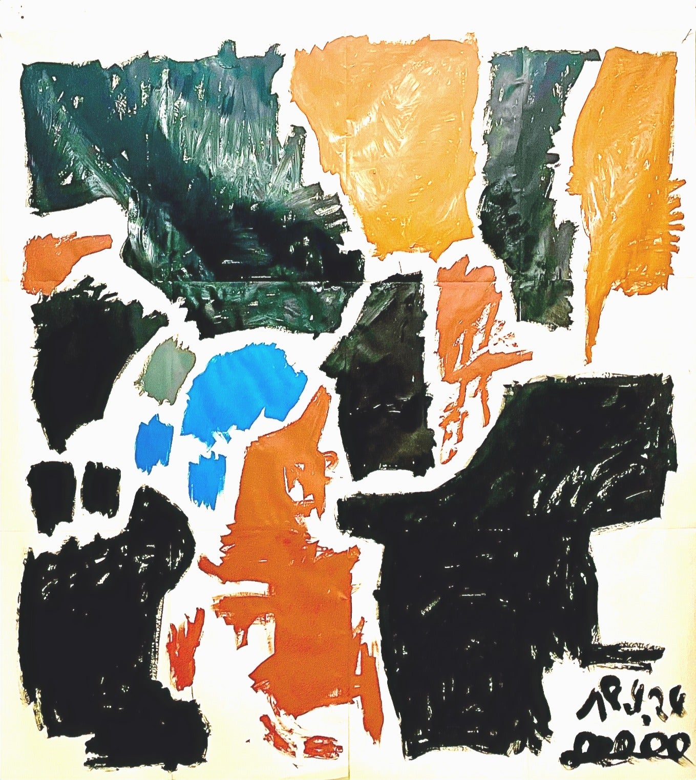 Abstrakte Malerei von Gregor Stehle, große Farbflächen in Schwarz, Orange und Blau, dynamische Komposition mit starken Kontrasten auf hellem Grund.