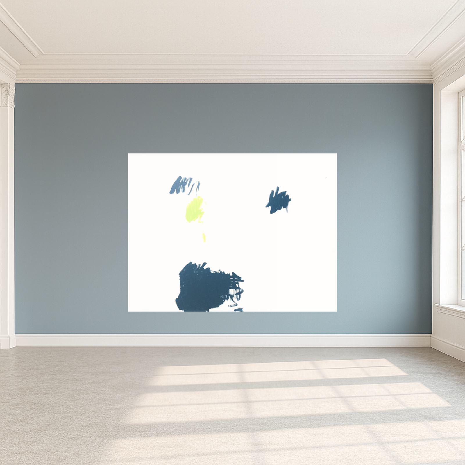 Abstrakte Malerei von Gregor Stehle mit dunkelblauen Pinselsetzungen, einem gelb-grünen Farbzentrum und viel Weißraum, minimalistische zeitgenössische Komposition.