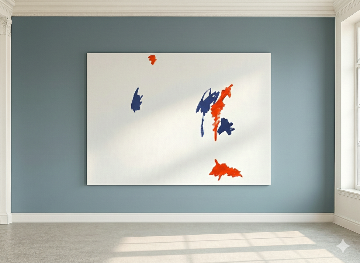 Zeitgenössische abstrakte Kunst von Gregor Stehle, Blautöne und Orangerot als gestische Setzungen im Weißraum