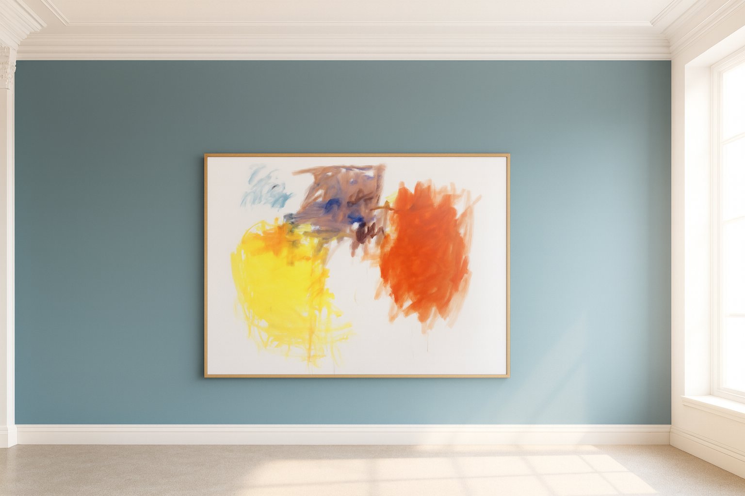 Abstraktes Gemälde mit großen gestischen Farbfeldern in Gelb, Orange und violett-blauen Tönen auf weißem Hintergrund; dynamische, moderne Komposition.