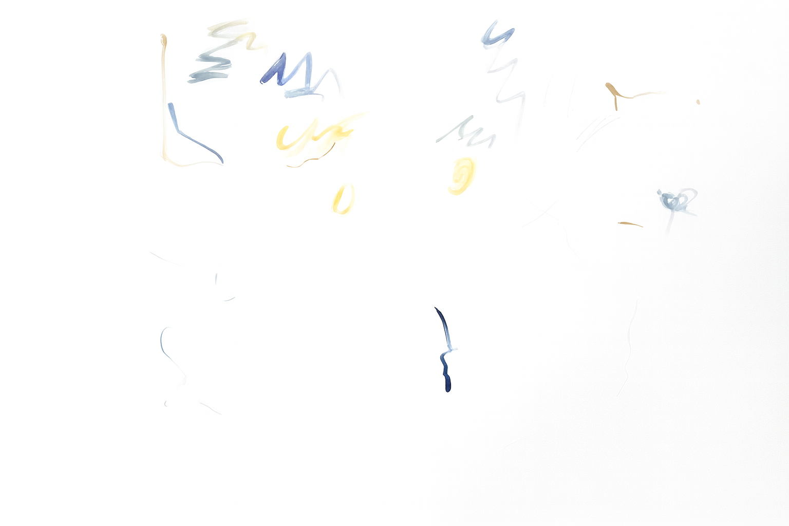 Minimalistisches abstraktes Kunstwerk auf weißem Hintergrund mit wenigen schwebenden Farblinien und Gesten in Blau, Gelb und Grau; ruhige, leichte Komposition.