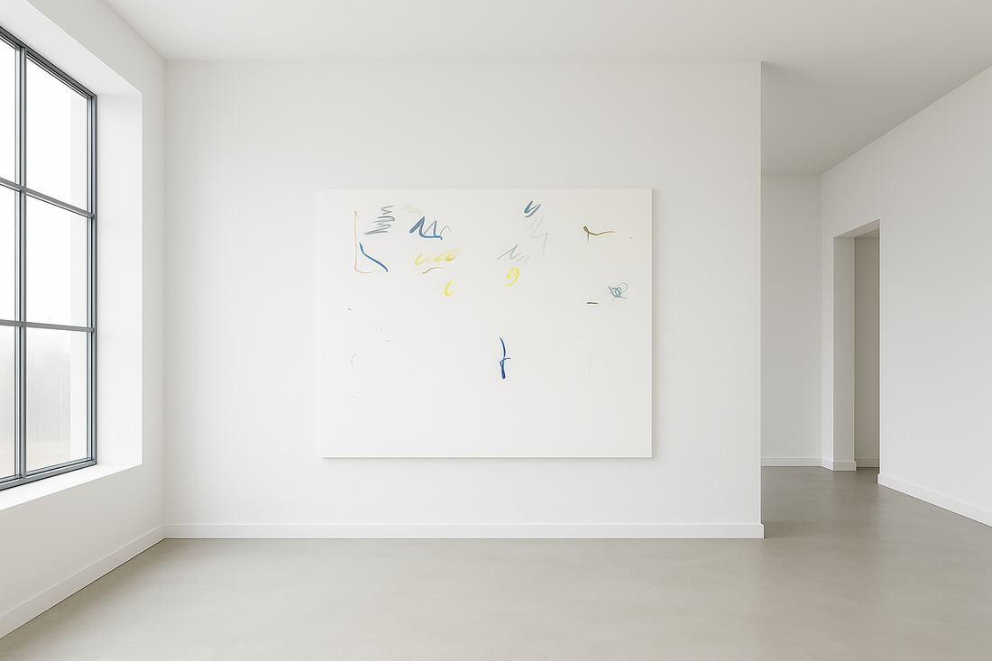 Minimalistisches abstraktes Kunstwerk auf weißem Hintergrund mit wenigen schwebenden Farblinien und Gesten in Blau, Gelb und Grau; ruhige, leichte Komposition.