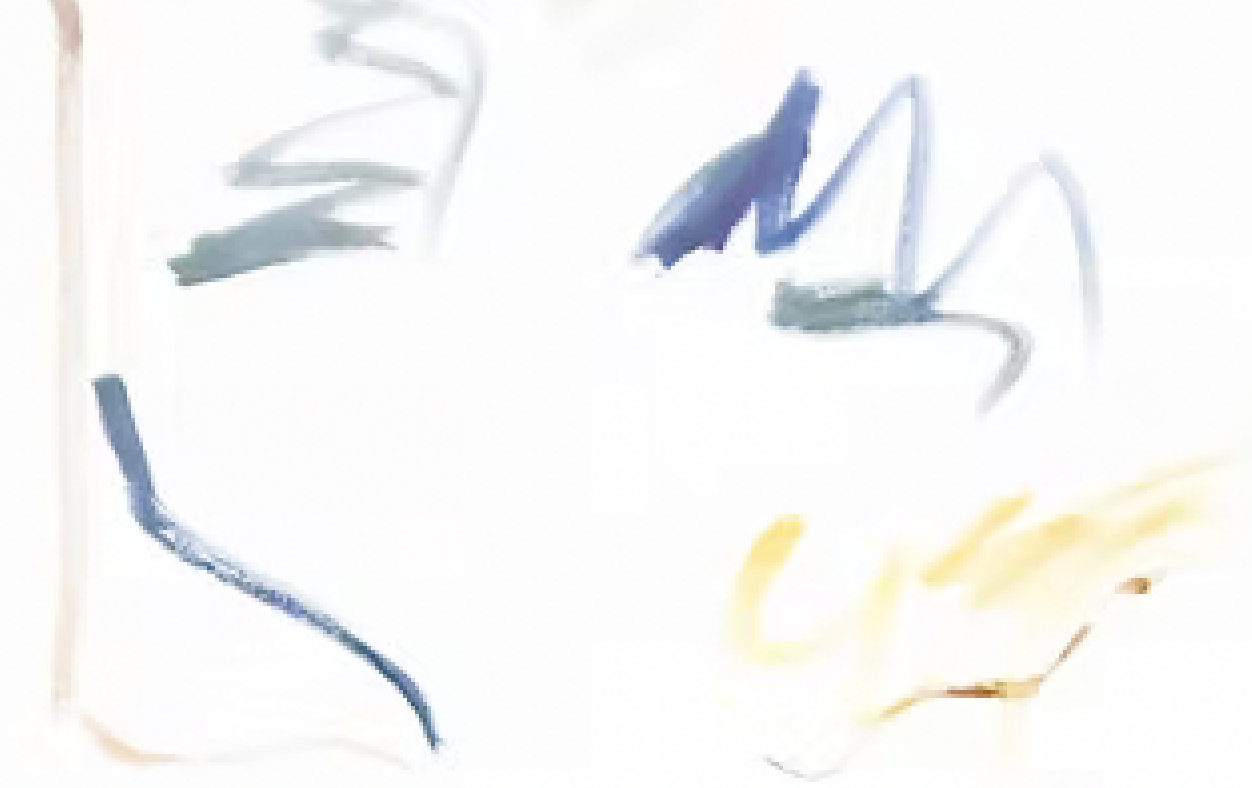 Minimalistisches abstraktes Kunstwerk auf weißem Hintergrund mit wenigen schwebenden Farblinien und Gesten in Blau, Gelb und Grau; ruhige, leichte Komposition.