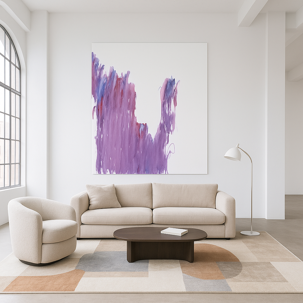 Vertikale violette und blaue Pinselzüge auf weißem Hintergrund – abstraktes Gemälde ‚Violette Kaskade‘ von Gregor Stehle (2025).“