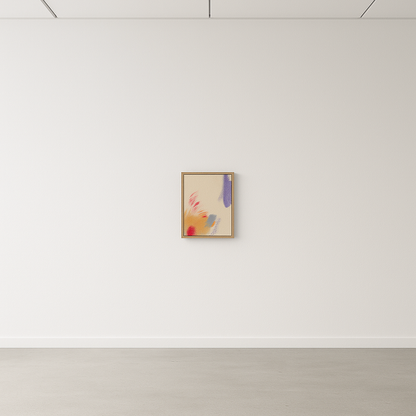 Abstraktes Gemälde auf roher Leinwand mit warmen Ocker- und Rosatönen und einem violetten Farbfeld. Werk von Gregor Stehle, 30×40 cm