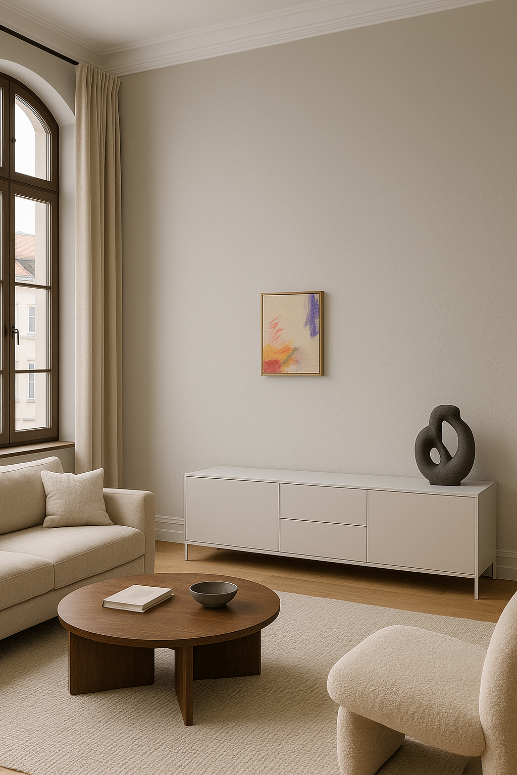 Abstraktes Gemälde auf roher Leinwand mit warmen Ocker- und Rosatönen und einem violetten Farbfeld. Werk von Gregor Stehle, 30×40 cm