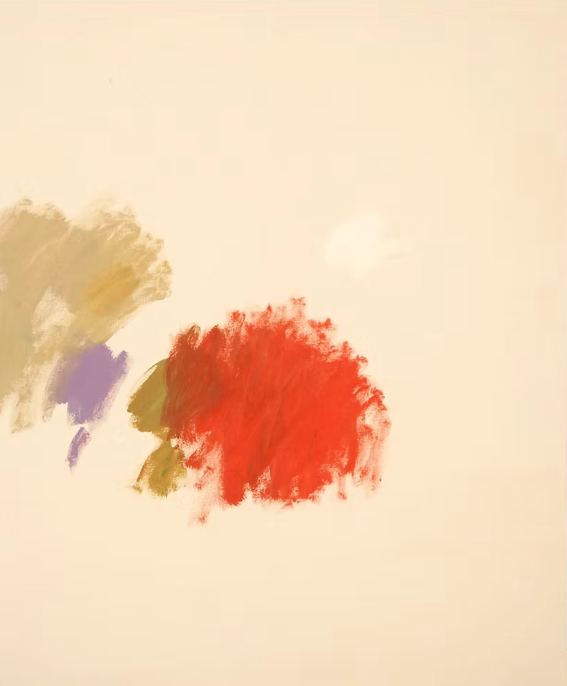 Abstraktes Gemälde auf roher Leinwand: große rote Farbwolke mit olivgrünen und violetten Akzenten, Werk von Gregor Stehle, 120×100 cm