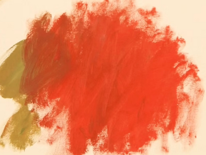 Abstraktes Gemälde auf roher Leinwand: große rote Farbwolke mit olivgrünen und violetten Akzenten, Werk von Gregor Stehle, 120×100 cm